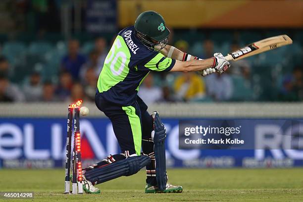 George Dockrell of Ireland is bowled by Morne Morkel of South Africa during the 2015 ICC Cricket World Cup match between South Africa and Ireland at...