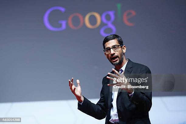 Sundar Pichai, senior vice president of Android, Chrome and Apps at Google Inc., speaks during a keynote session at the Mobile World Congress in...