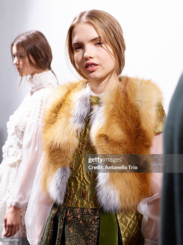 A model is seen backstage ahead of the Alberta Ferretti show during ...