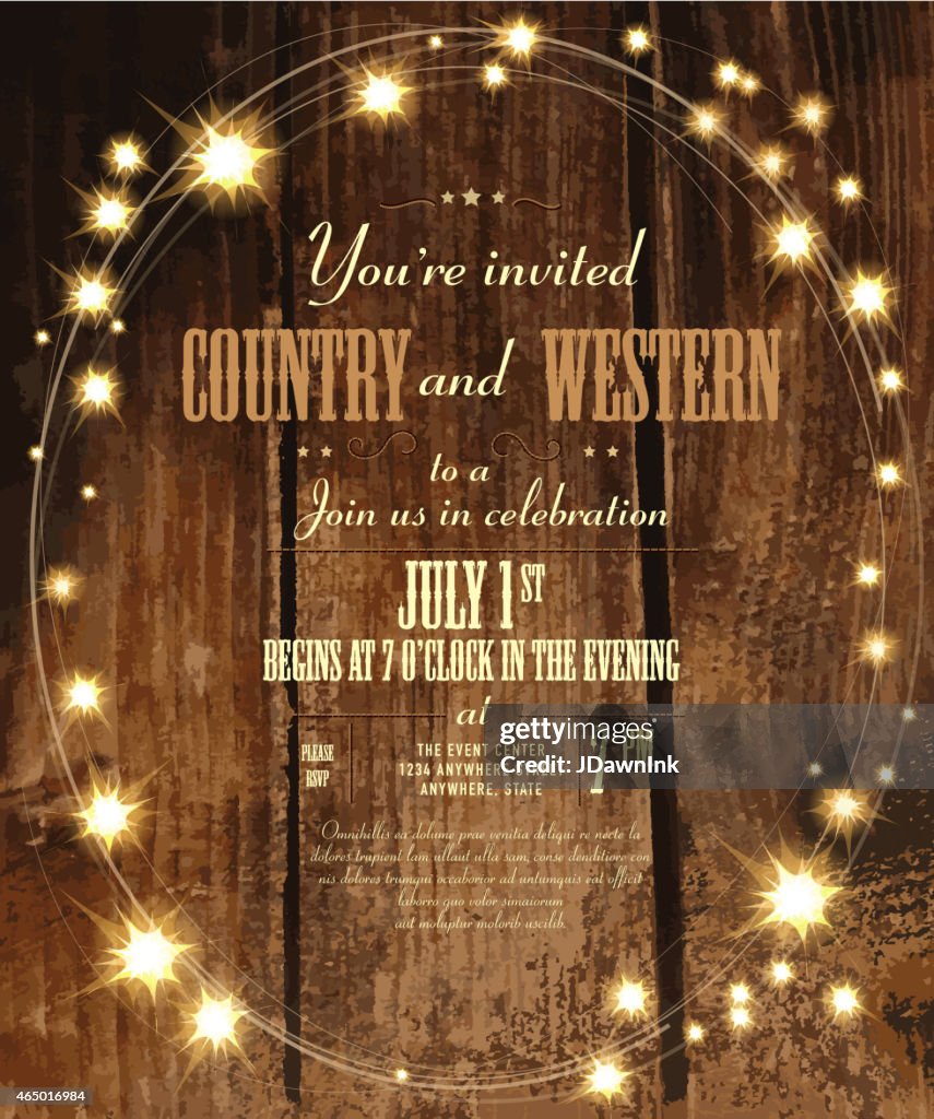 Country and western Einladung design-Vorlage mit ovaler string lights