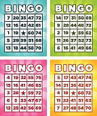 Four different colored bingo cards