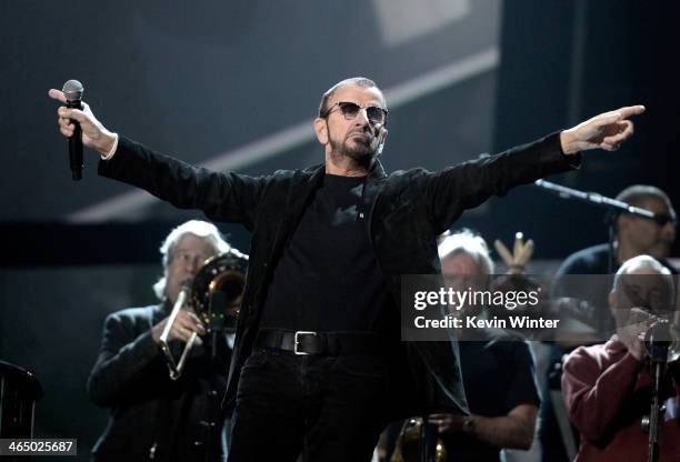 Musician Ringo Starr rehearses onstage during the 56th GRAMMY Awards at Staples Center on January 25, 2014 in Los Angeles, California.