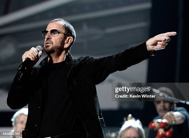 Musician Ringo Starr rehearses onstage during the 56th GRAMMY Awards at Staples Center on January 25, 2014 in Los Angeles, California.