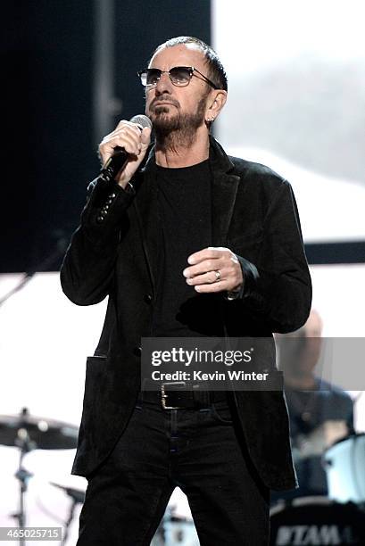 Musician Ringo Starr rehearses onstage during the 56th GRAMMY Awards at Staples Center on January 25, 2014 in Los Angeles, California.