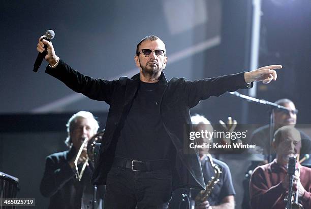 Musician Ringo Starr rehearses onstage during the 56th GRAMMY Awards at Staples Center on January 25, 2014 in Los Angeles, California.