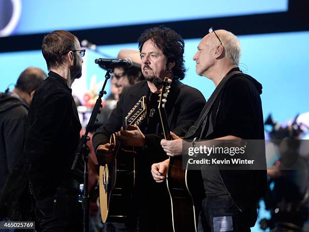 Musicians Ringo Starr, Steve Lukather and Peter Frampton rehearse onstage during the 56th GRAMMY Awards at Staples Center on January 25, 2014 in Los...