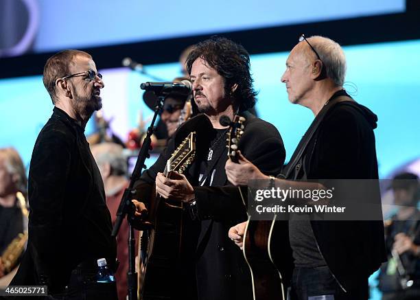 Musicians Ringo Starr, Steve Lukather and Peter Frampton rehearse onstage during the 56th GRAMMY Awards at Staples Center on January 25, 2014 in Los...