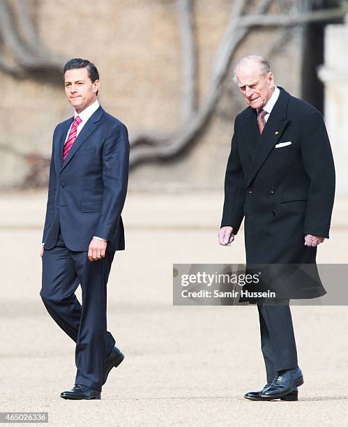 Mexican President Enrique Pena Nieto and Prince Philip, Duke of Edinburgh attend a ceremonial welcome for The President Of United Mexican States at...