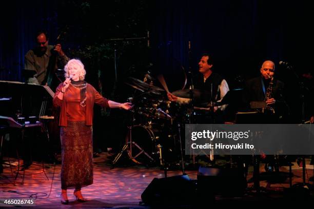 Betty Buckley performing at Alice Tully Hall on September 19, 2001.This image:From left, Tony Marino, Betty Buckley, Jamey Haddad and Billy Drews.