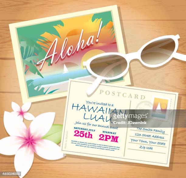 postkarte hawaiian luau einladung design-vorlage auf holz - aloha stock-grafiken, -clipart, -cartoons und -symbole