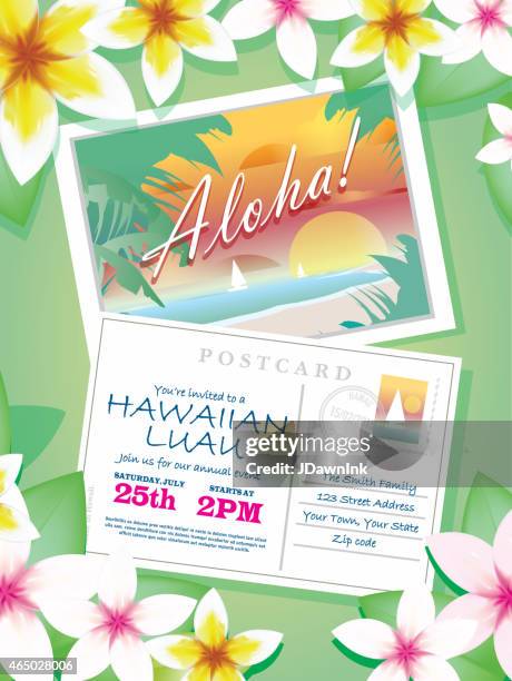 nostalgisches hawaii-postkarte luau einladung design-vorlage auf grün - aloha stock-grafiken, -clipart, -cartoons und -symbole