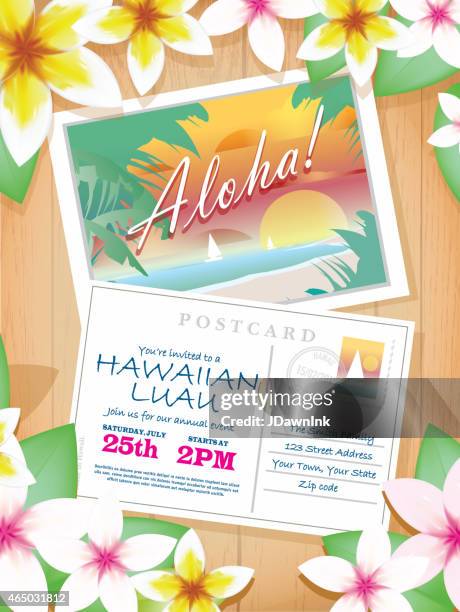 postcard themed hawaiian luau invitation design template - luau party invitation stock illustrations