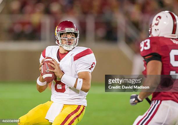 Mark Sanchez of the USC Trojans attempts a pass during an NCAA football game against the Stanford University Cardinal played on November 4, 2006 at...