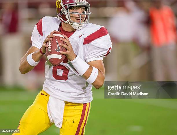 Mark Sanchez of the USC Trojans attempts a pass during an NCAA football game against the Stanford University Cardinal played on November 4, 2006 at...