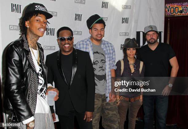 Musicians Wiz Khalifa, Charlie Wilson, Alex Da Kid, Linda Perry and Dallas Davidson attend the BMI Presents Annual "How I Wrote That Song" Pre-Grammy...