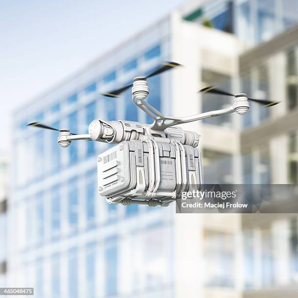 delivery drone flying in urban area - drone package stock illustrations