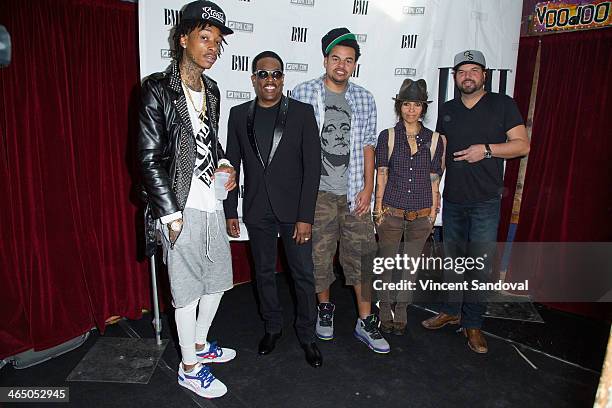 Rapper Wiz Khalifa, singer Charlie Wilson, musician Alex da Kid, musician Linda Perry and singer Dallas Davidson attend BMI's "How I Wrote That Song"...
