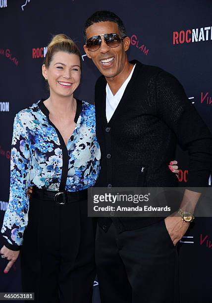 Actress Ellen Pompeo and her husband Chris Ivery arrive at the Roc Nation Pre-GRAMMY Brunch presented by MAC Viva Glam on January 25, 2014 in Los...
