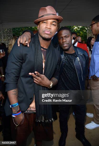 Ne-yo and Kevin Hart attend the Roc Nation Pre-GRAMMY Brunch presented by MAC Viva Glam at Private Residence on January 25, 2014 in Beverly Hills,...