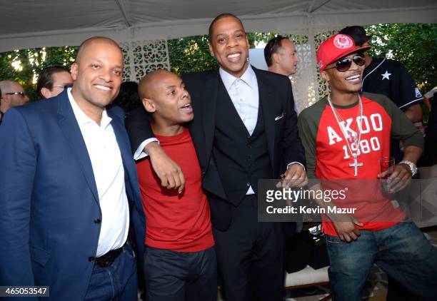 Jay Brown, Tyran "Tata" Smith, Jay-Z and T.I. Attend the Roc Nation Pre-GRAMMY Brunch presented by MAC Viva Glam at Private Residence on January 25,...
