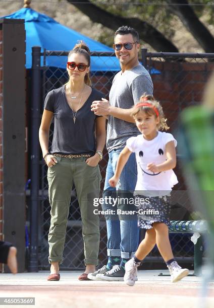 Jessica Alba and Cash Warren with Honor Warren are seen on January 25, 2014 in Los Angeles, California.