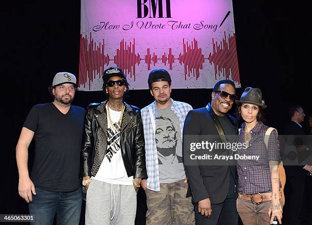 Dallas Davidson, Wiz Khalifa, Alex Da Kid, Charlie Wilson and Linda Perry at BMI's "How I Wrote That Song" panel at House of Blues on January 25,...