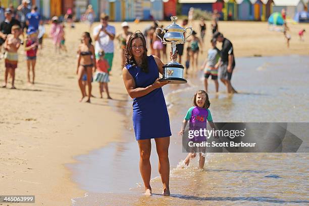 Na Li of China holds the Daphne Akhurst Memorial Cup during a photocall at Brighton Beach after winning the 2014 Australian Open on January 26, 2014...