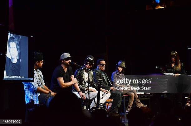 Musicians Alex Da Kid, Dallas Davidson, Wiz Khalifa, Charlie Wilson and Linda Perry attend BMI Presents Annual "How I Wrote That Song" Pre-Grammy...