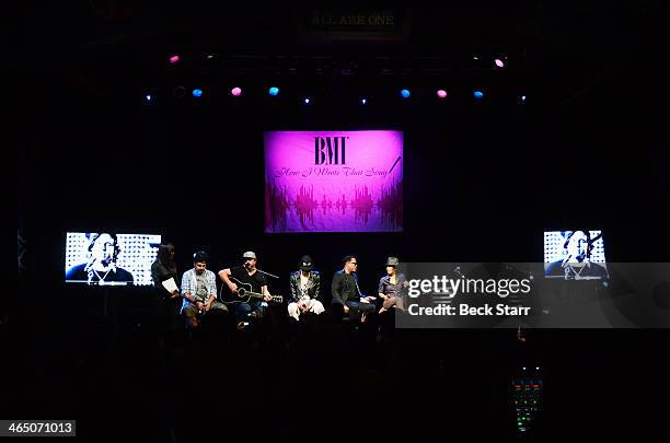 Musicians Alex Da Kid, Dallas Davidson, Wiz Khalifa, Charlie Wilson and Linda Perry attend BMI Presents Annual "How I Wrote That Song" Pre-Grammy...