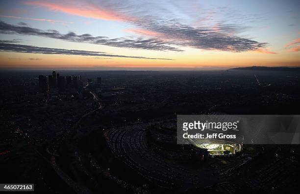An aerial view of Dodger Stadium prior to the start of the 2014 Coors Light NHL Stadium Series game between the Anaheim Ducks and the Los Angeles...