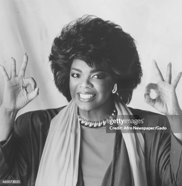 Oprah Winfrey smiles and gives the Okay sign during her time hosting the television show People Are Talking, 1978.