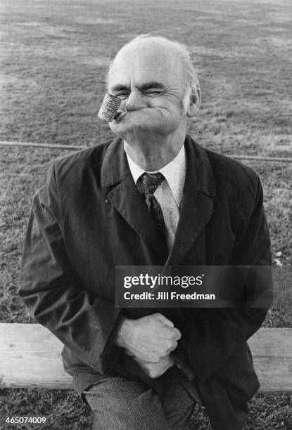 Contestant in the World Gurning Championships during the Crab Fair in Egremont, Cumbria, England, circa 1974.