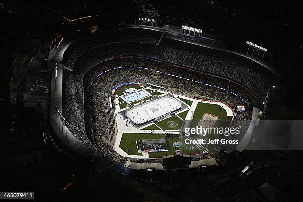 An aerial view of Dodger Stadium as players take to the ice for pregame warm ups prior to the start of the 2014 Coors Light NHL Stadium Series game...