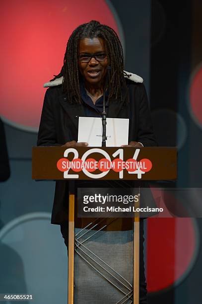 Singer/songwriter Tracy Chapman speaks onstage at the Awards Night Ceremony at Basin Recreation Field House during the 2014 Sundance Film Festival on...
