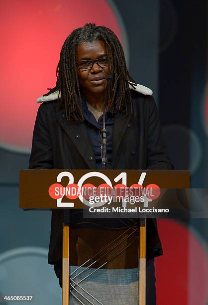 Singer/songwriter Tracy Chapman speaks onstage at the Awards Night Ceremony at Basin Recreation Field House during the 2014 Sundance Film Festival on...