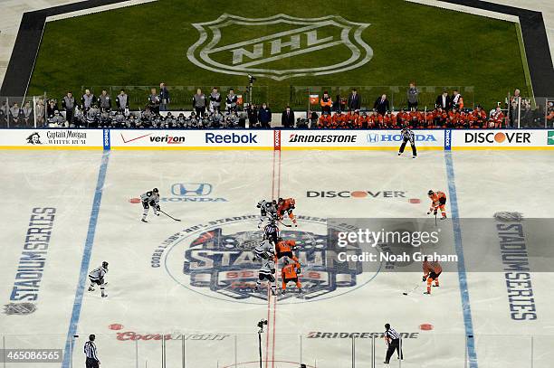 The Los Angeles Kings take the faceoff against the Anaheim Ducks during the 2014 Coors Light NHL Stadium Series at Dodger Stadium on January 25, 2014...