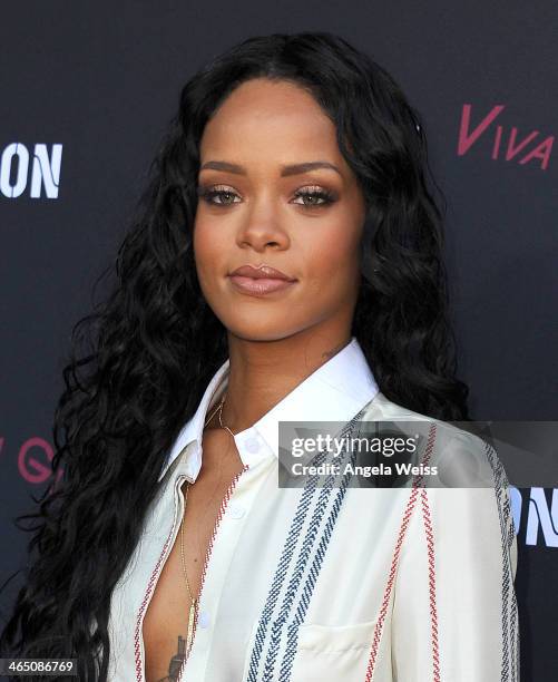 Recording artist Rihanna arrives at the Roc Nation Pre-Grammy brunch presented by MAC Viva Glam at a private residency on January 25, 2014 in Los...