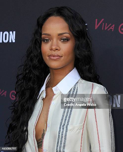 Recording artist Rihanna arrives at the Roc Nation Pre-Grammy brunch presented by MAC Viva Glam at a private residency on January 25, 2014 in Los...