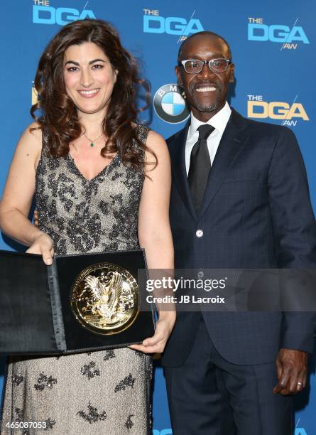 Jehane Noujaim and Don Cheadle attend the 66th Annual Directors Guild Of America Awards Press Room held at the Hyatt Regency Century Plaza on January...