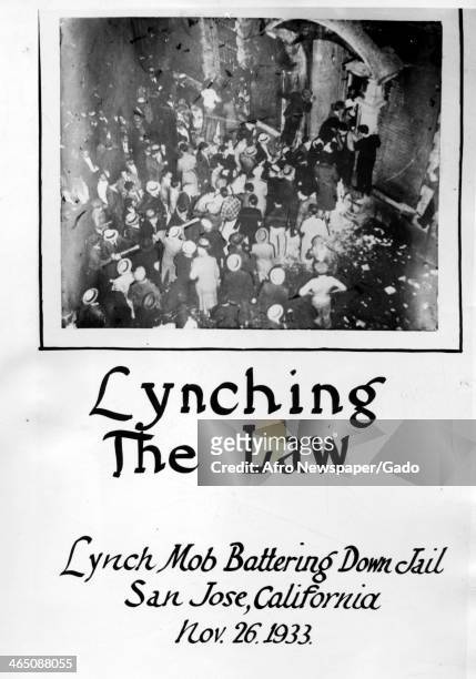 Poster protesting a lynch mob battering down a jail, San Jose, California, November 26, 1933.