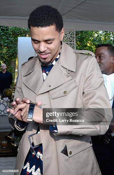 Rapper J. Cole attends the Roc Nation Pre-GRAMMY Brunch Presented by MAC Viva Glam at Private Residence on January 25, 2014 in Beverly Hills,...