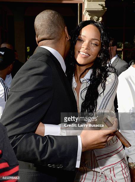 Rapper/producer Jay-Z and recording artist Rihanna attend the Roc Nation Pre-GRAMMY Brunch Presented by MAC Viva Glam at Private Residence on January...