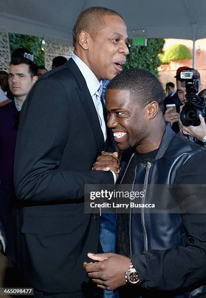 Rapper/producer Jay-Z and actor Kevin Hart attend the Roc Nation Pre-GRAMMY Brunch Presented by MAC Viva Glam at Private Residence on January 25,...