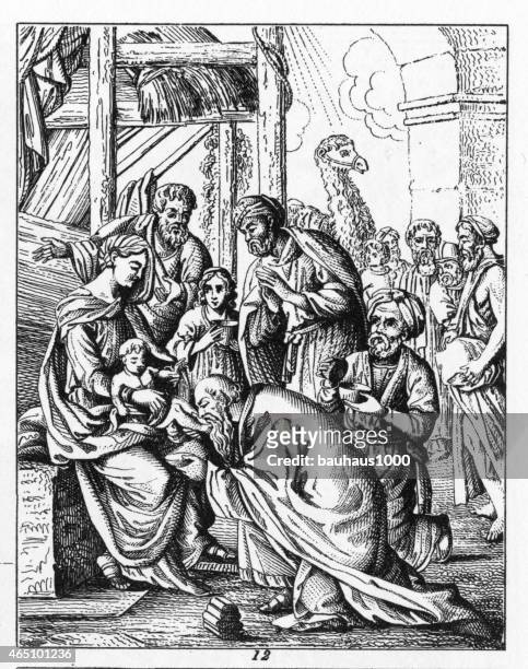 adoration of the magi - nativity scene white background stock illustrations