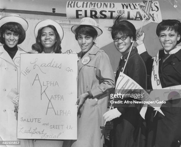Members of the Alpha Kappa Alpha sorority greet the Lady Bird Special, Richmond, Virginia, October 15, 1966.