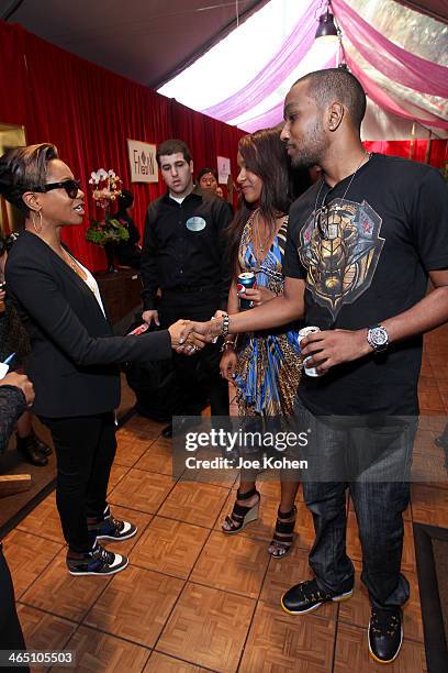 Rapper MC Lyte, Bobbi Kristina Brown and Nick Gordon attend the GRAMMY Gift Lounge during the 56th Grammy Awards at Staples Center on January 25,...