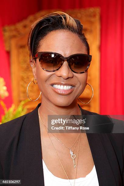 Rapper MC Lyte wearing Kate Spade sunglasses with the Solstice Sunglasses and Safilo USA display at the GRAMMY Gift Lounge during the 56th GRAMMY...