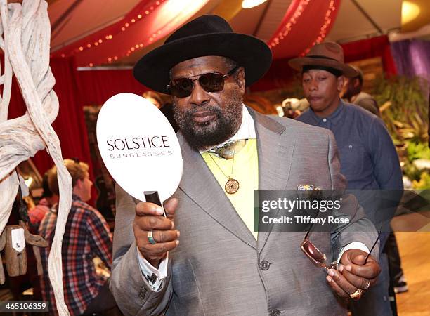 Recording artist George Clinton wearing Polaroid sunglasses with the Solstice Sunglasses and Safilo USA display at the GRAMMY Gift Lounge during the...