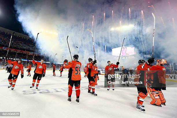 The Anaheim Ducks celebrate their win over the Los Angeles Kings in the 2014 Coors Light NHL Stadium Series at Dodger Stadium on January 25, 2014 in...