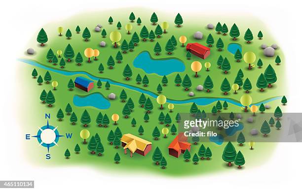 ilustraciones, imágenes clip art, dibujos animados e iconos de stock de pequeña paisaje de árboles y hogares mapa - lago